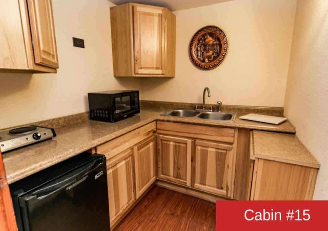 A compact kitchen in "Cabin #15" featuring light wood cabinets, a sink, microwave, mini-fridge, and a two-burner hot plate.