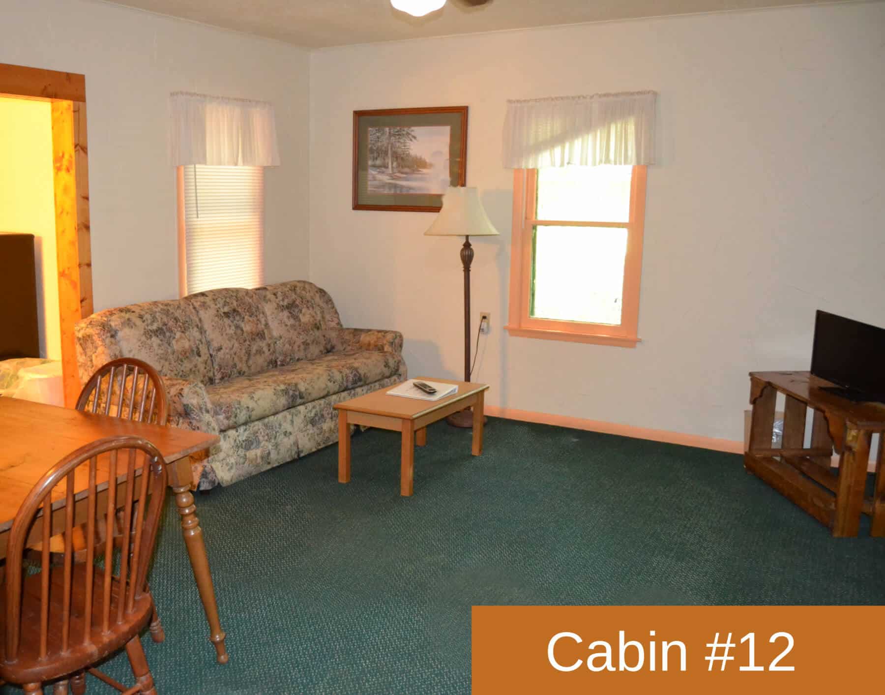 A cozy living area in "Cabin #12" featuring a floral sofa, coffee table, lamp, TV, and a dining table, all on a green carpet.