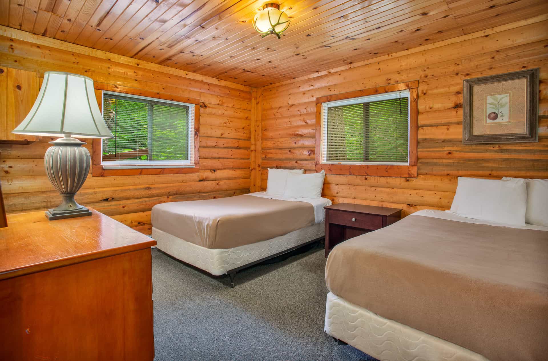 A cozy cabin bedroom featuring warm wood-paneled walls and ceiling, two full beds with light bedding, a dresser, and two windows.