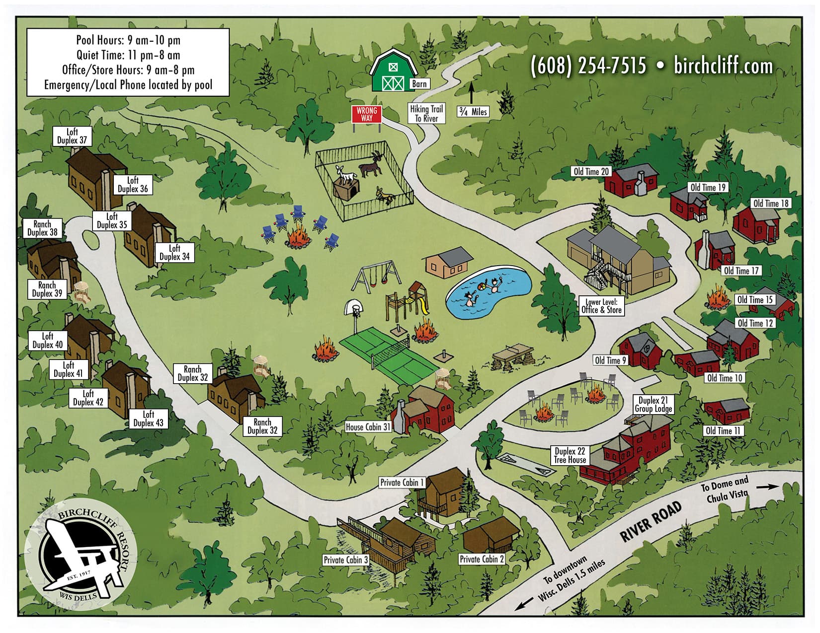 Map of Birchcliff Resort showing accommodations, amenities, and key information like pool hours and office location.