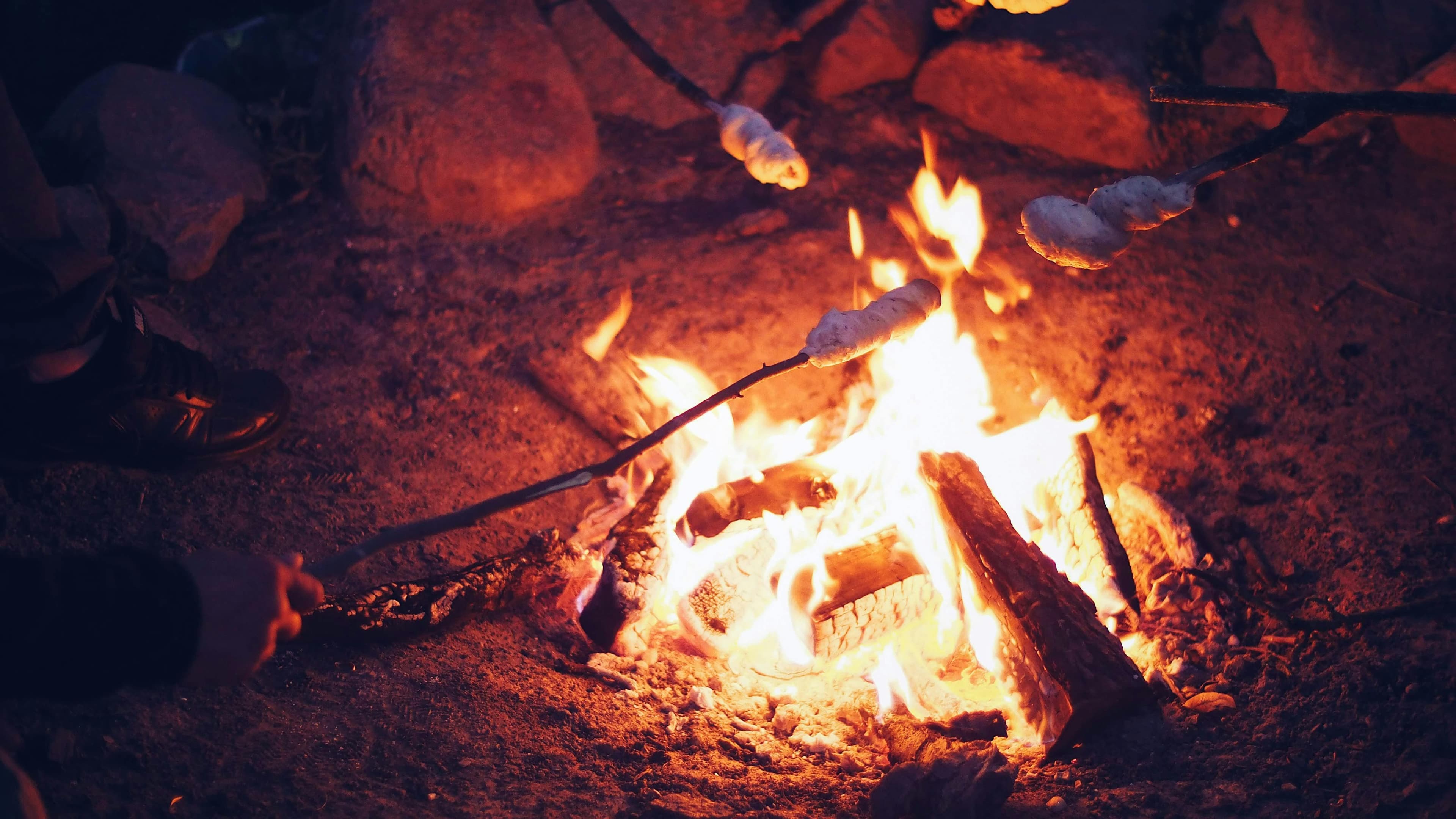 A hand holds a stick over a campfire, cooking marshmallows beneath glowing flames.