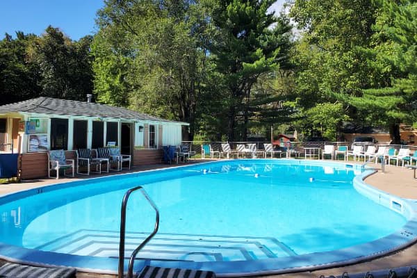 A clear blue swimming pool surrounded by lounge chairs and a nearby cabin.