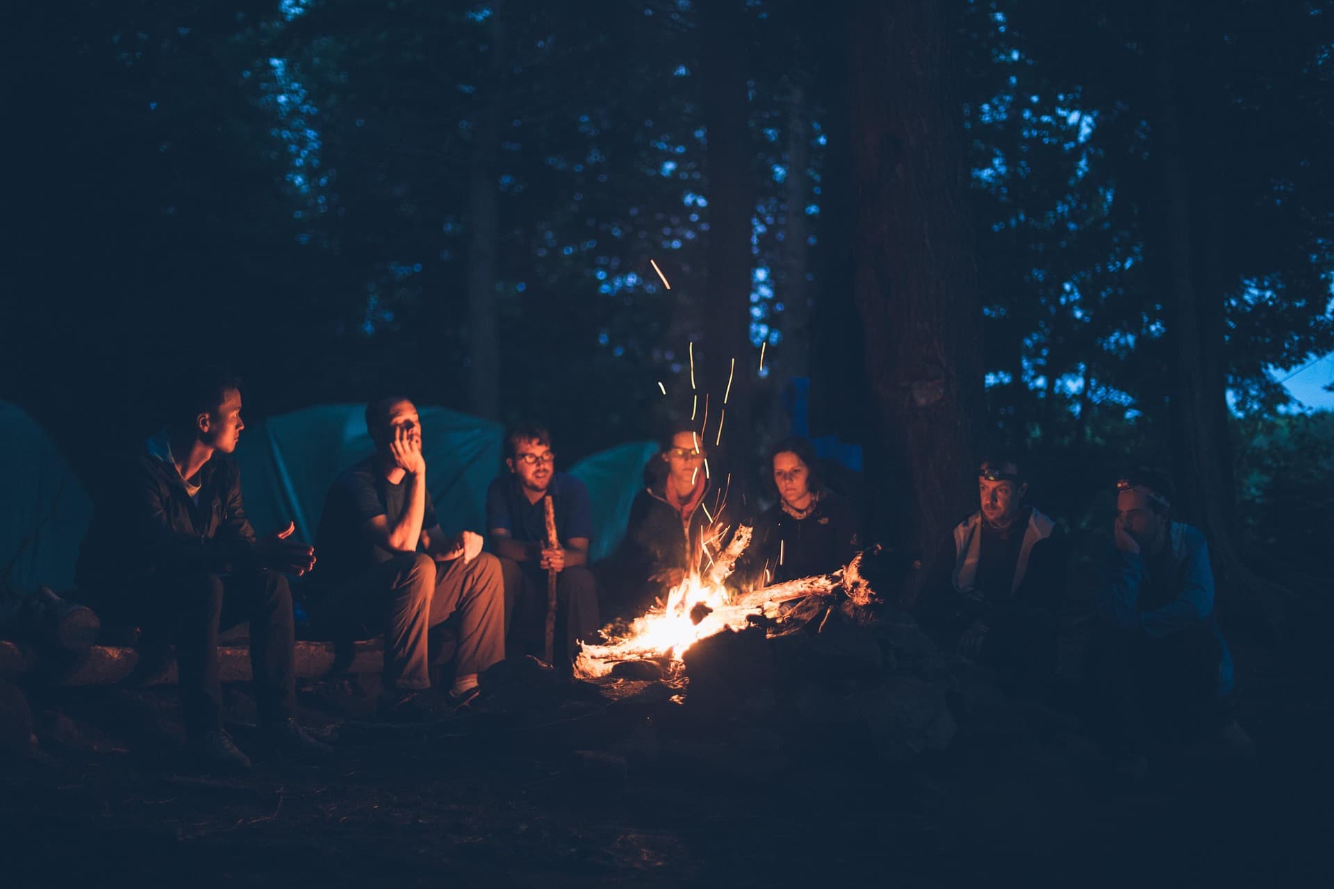 A group of people sitting around a campfire in a wooded area at night.